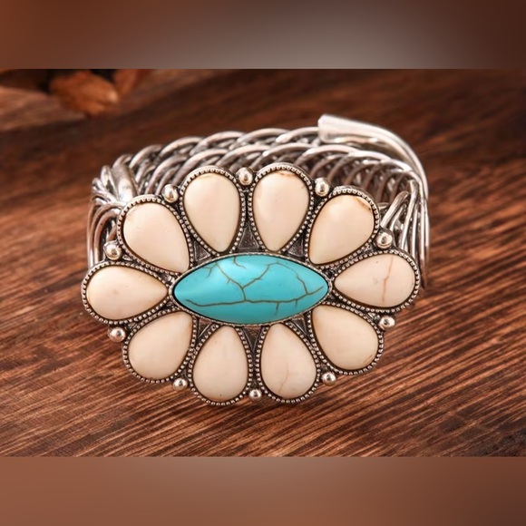 Western Turquoise & White Stone Silver-Tone Flower Cuff Bracelet Cowgirl Style - Picture 3 of 4